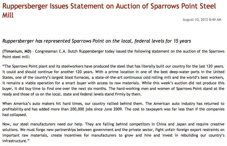 Ruppersberger Statement About Sparrows Point